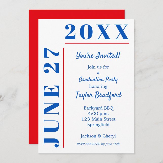 Blue & Crimson Graduation Party Invitations (Front/Back)