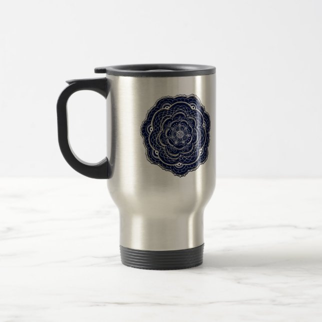 Blue Crocheted Doily Doodle Travel Mug (Left)