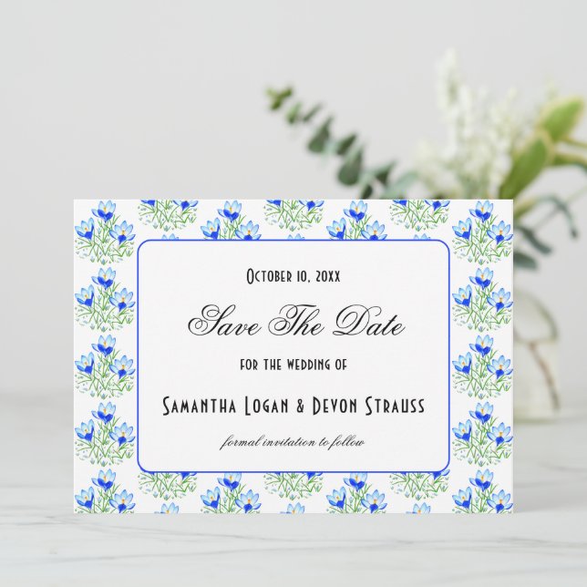 Blue Crocus White Wedding Save The Date (Standing Front)