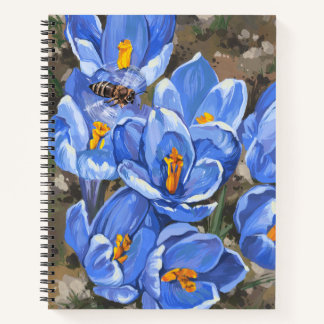 Blue crocuses and a bee notebook