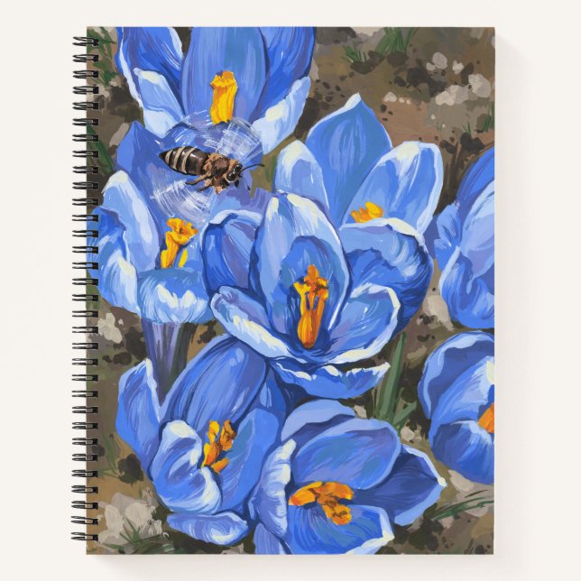 Blue crocuses and a bee notebook (Front)