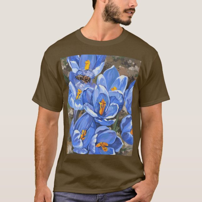 Blue crocuses and bee.Spring flowers.Wall Art T-Shirt (Front)