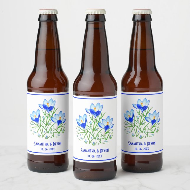 Blue Crocuses White Wedding Beer Lables Beer Bottle Label (Bottles)