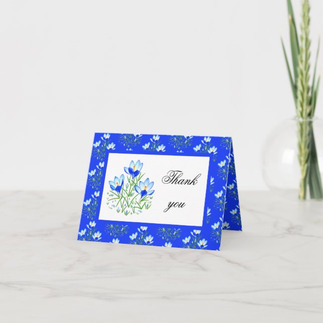 Blue Crocuses with white Frame Thank You Card (Front)