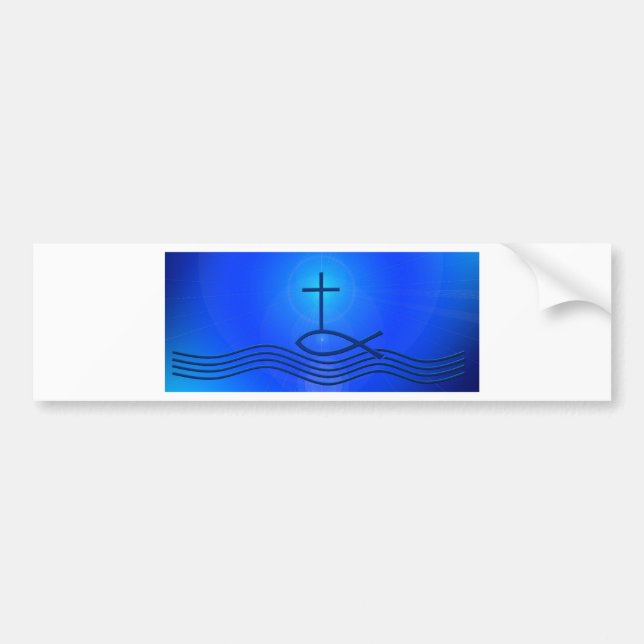 Blue cross and fish ( Ichthus) Bumper Sticker (Front)
