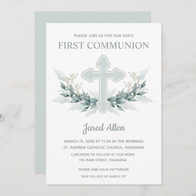 Blue Cross and Foliage First Communion Invitations (Front/Back)