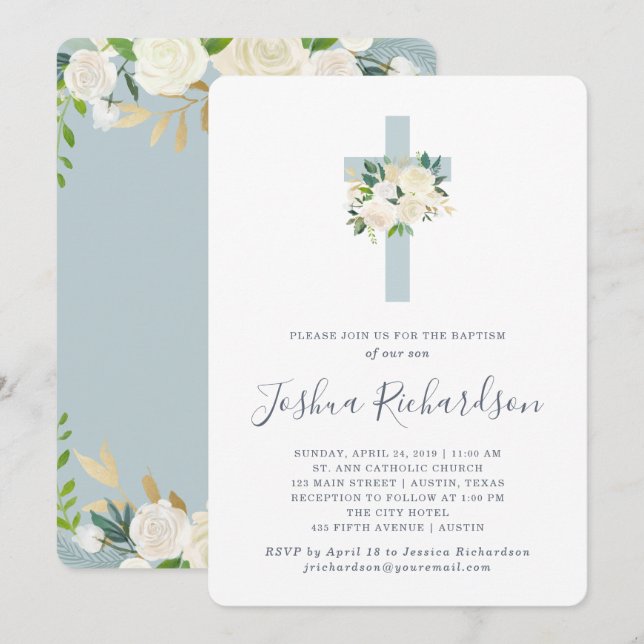 Blue Cross and White Flowers | Boy Baptism Invitation (Front/Back)