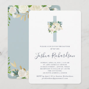 Blue Cross and White Flowers   Boy Baptism Invitation