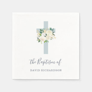 Blue Cross and White Flowers Boy Baptism Napkin