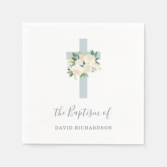 Blue Cross and White Flowers | Boy Baptism Napkin (Front)