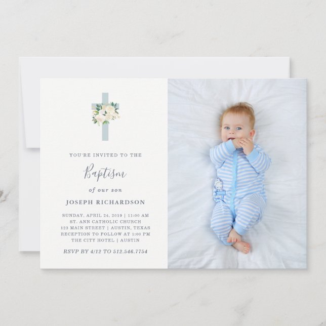 Blue Cross and White Flowers | Photo Boy Baptism Invitation (Front)