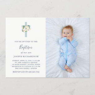 Blue Cross and White Flowers   Photo Boy Baptism Invitation