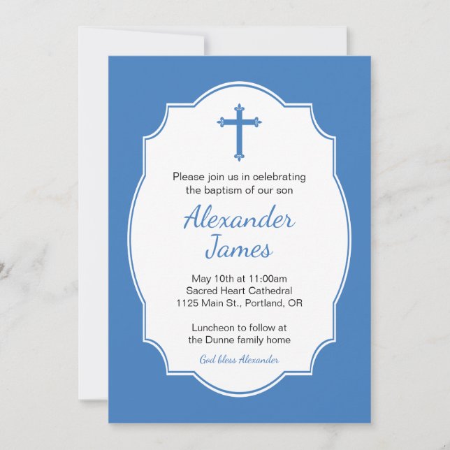 Blue Cross Baby Boy Baptism Christening Invitation (Front)