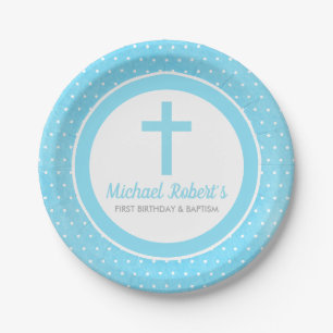 Blue Cross Boy Baby Baptism First Birthday Paper Plate