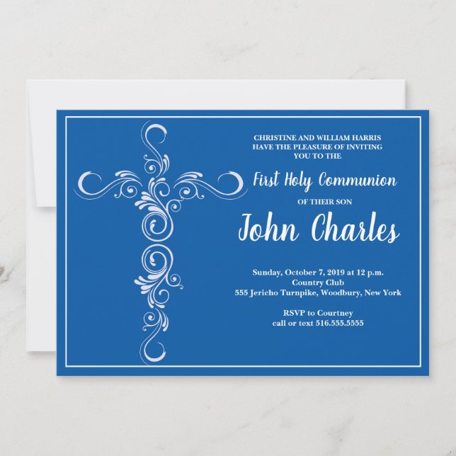 Blue Cross Boy First Holy Communion Invitation (Front)
