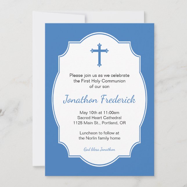 Blue Cross Boy First Holy Communion Invitation (Front)