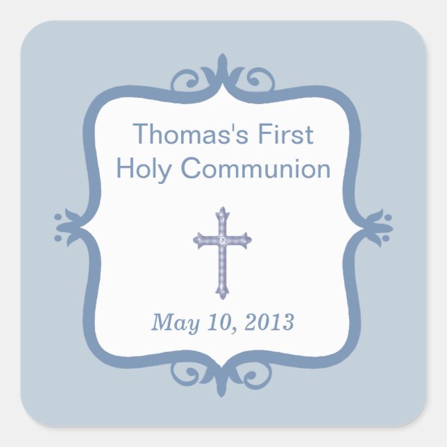 Blue Cross Communion Square Sticker (Front)