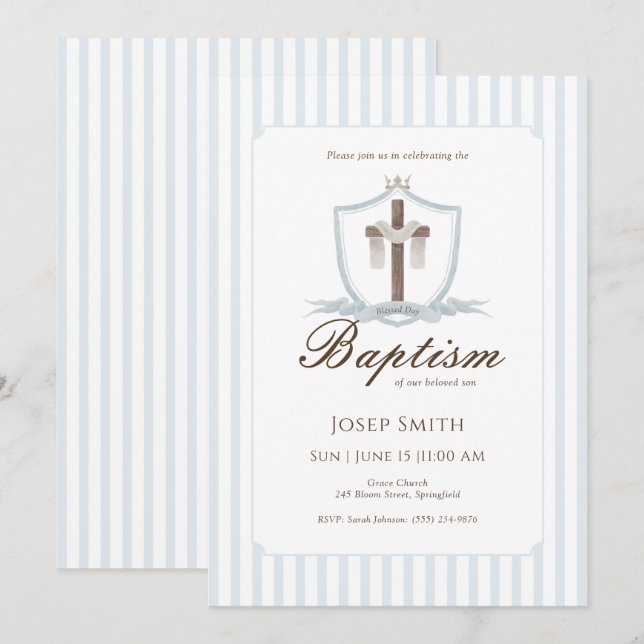 Blue Cross Crest Baptism Invitation (Front/Back)