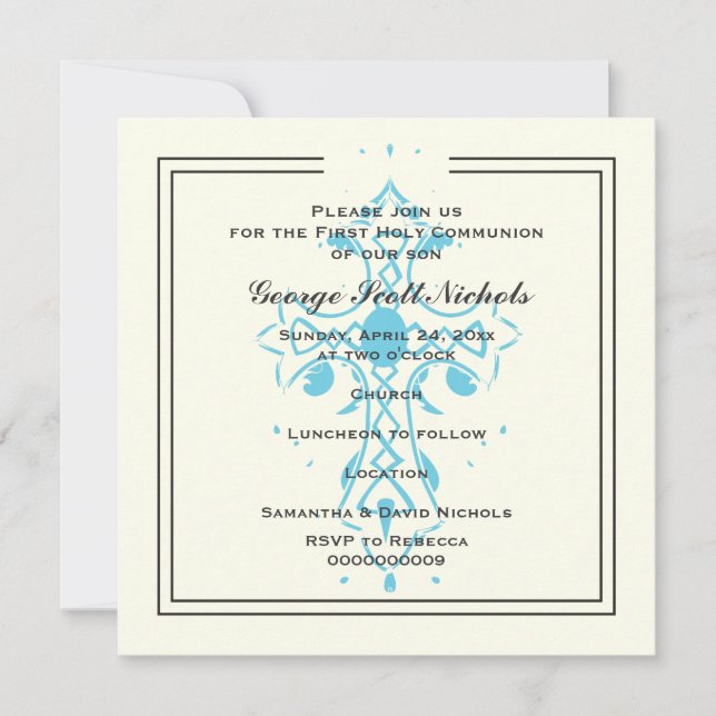 Blue Cross First Communion Baptism Confirmation Invitation (Front)