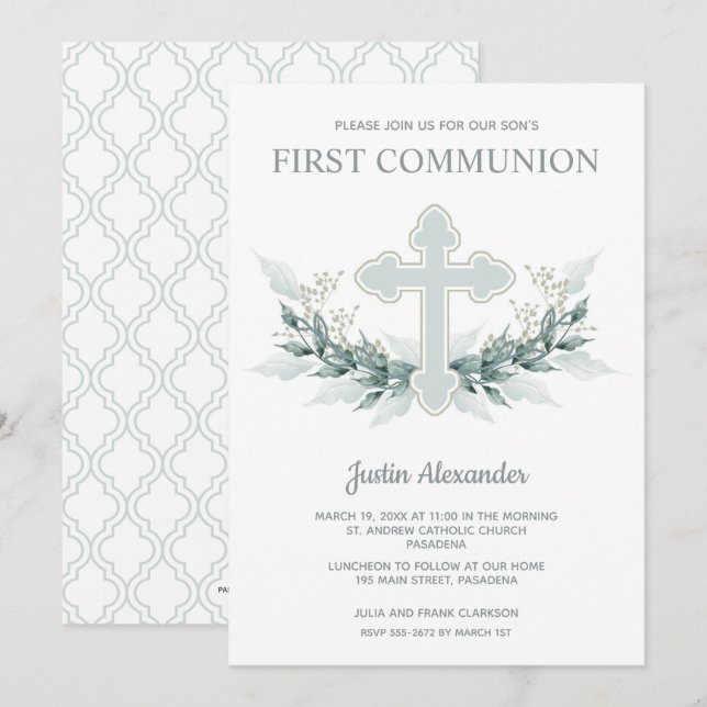 Blue Cross Floral First Communion Invitations (Front/Back)