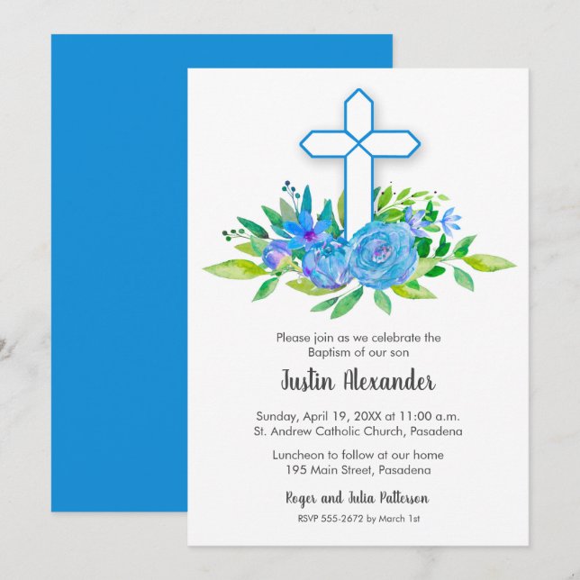 Blue Cross & Flowers Baptism, Christening Invites (Front/Back)