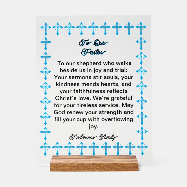 Blue Cross Frame Pastor Appreciation Acrylic Sign (Front)