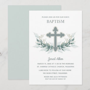 Blue Cross Greenery Baptism Invitation
