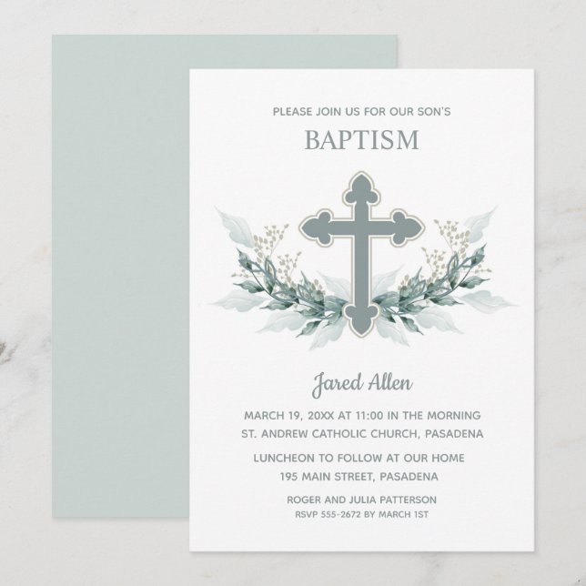 Blue Cross Greenery Baptism Invitation (Front/Back)
