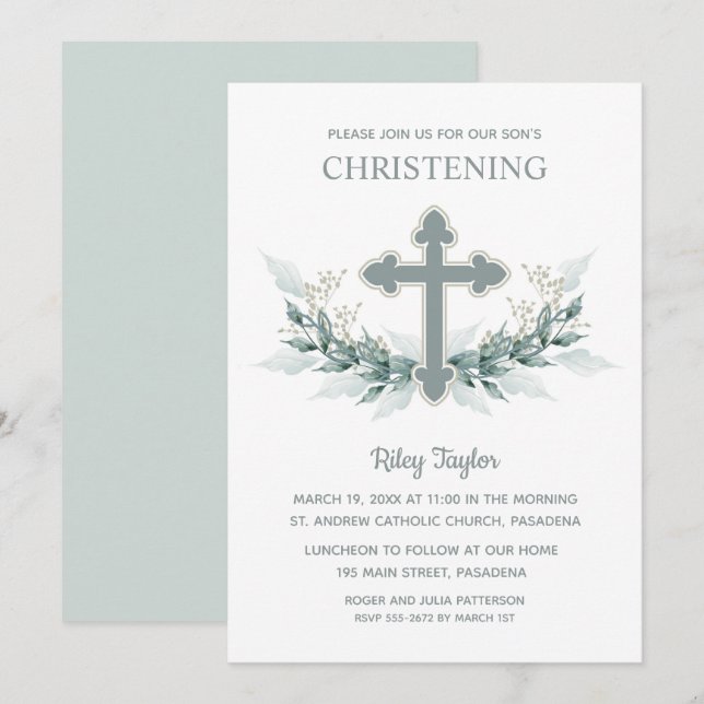 Blue Cross Greenery Christening Invitation (Front/Back)