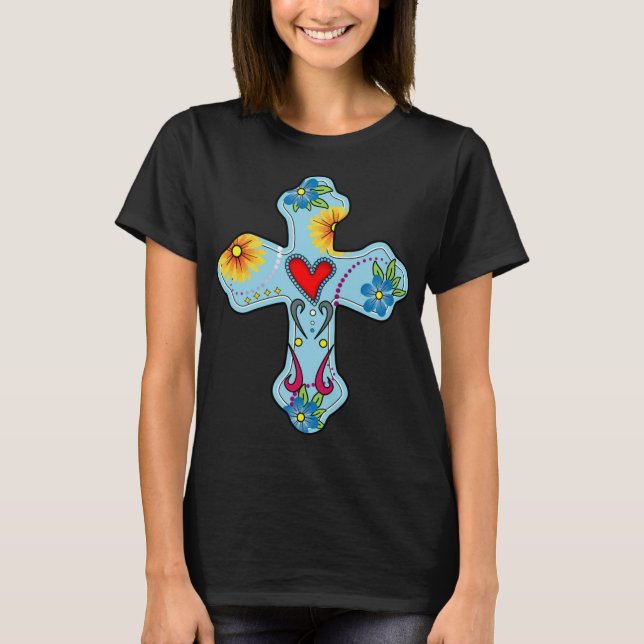 Blue Cross Mexican Folk Art Heart Flowers Day of t T-Shirt (Front)