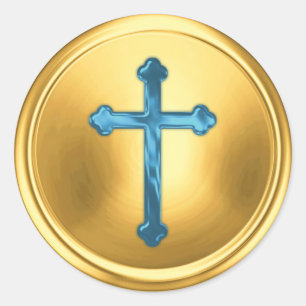 Blue Cross on Gold Envelope Seal Sticker