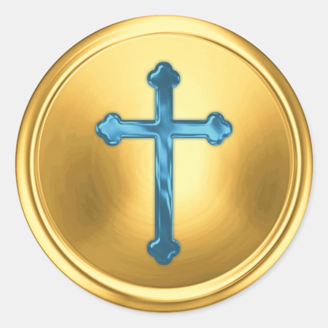 Blue Cross on Gold Envelope Seal Sticker (Front)