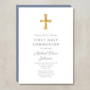 Blue Cross Religious Boy First Holy Communion Invitation
