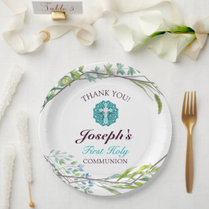 Blue Cross Spring Floral First Holy Communion  Paper Plate