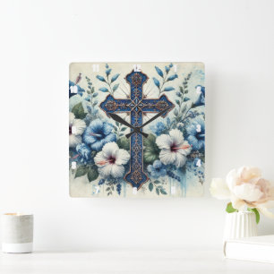 Blue Cross White Hibiscus Square Wall Clock