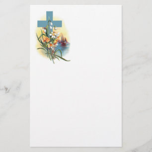 Blue Cross With Flowers And Boats Stationery