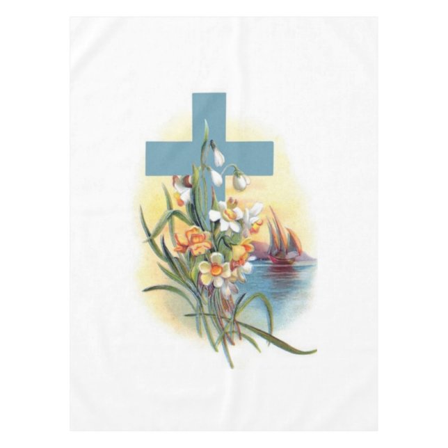 Blue Cross With Flowers And Boats Tablecloth (Front)