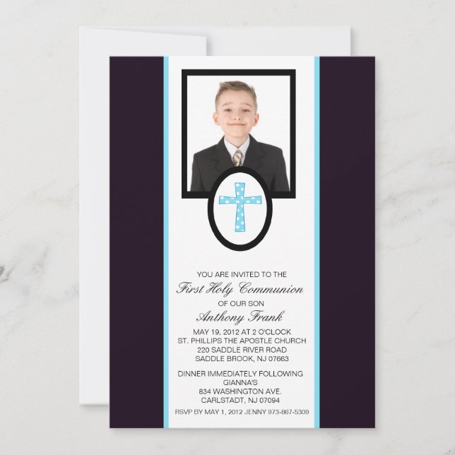 Blue Cross with Photo Communion Invitation (Front)