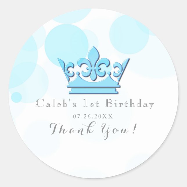 Blue Crown & Dots Royal Birthday Party Favour Classic Round Sticker (Front)