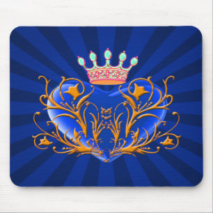 Blue Crown Filigree Heart Mouse Pad