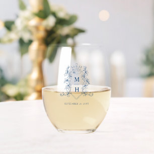 Blue crown wreath monogram wedding favour stemless wine glass