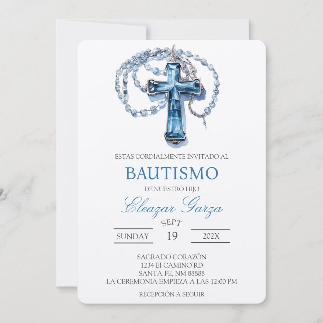 Blue Crucifix  baptism in spanish Invitation (Front)