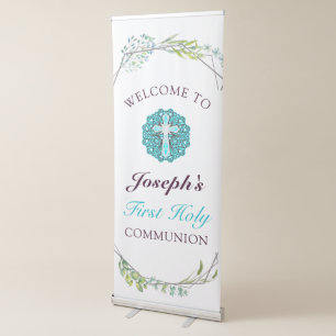 Blue Crucifix Floral First Holy Communion Welcome Retractable Banner