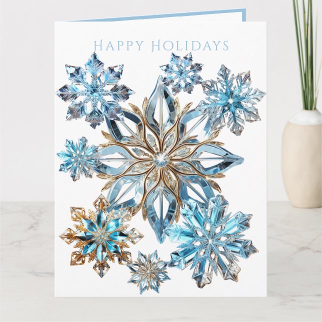 Blue Crystal and Gold Snowflakes  Card (Front)