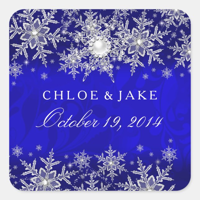 Blue Crystal Pearl Snowflake Silver Wedding Square Sticker (Front)