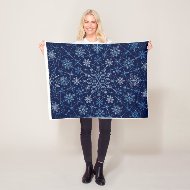 Blue Crystal Snowflake Mandala Winter Pattern Flee Fleece Blanket (In Situ)
