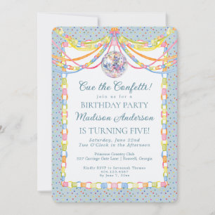 Blue Cue the Confetti Paper Chain Birthday Party Invitation