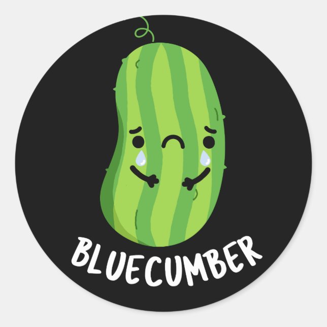 Blue-cumber Funny Sad Veggie Cucumber Pun Dark BG Classic Round Sticker (Front)