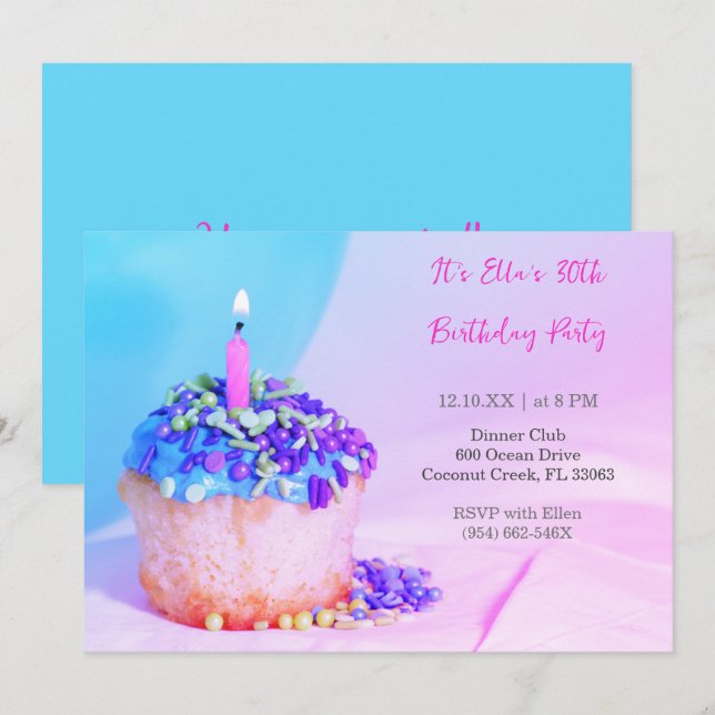 Blue Cupcake Colourful 30th  birthday invitation (Front/Back)