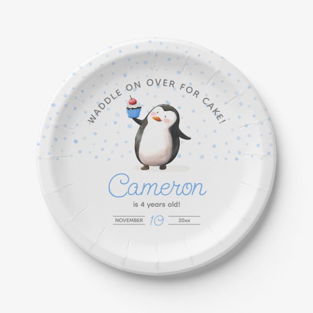 Blue cupcake penguin boy's birthday Paper Plate (Front)